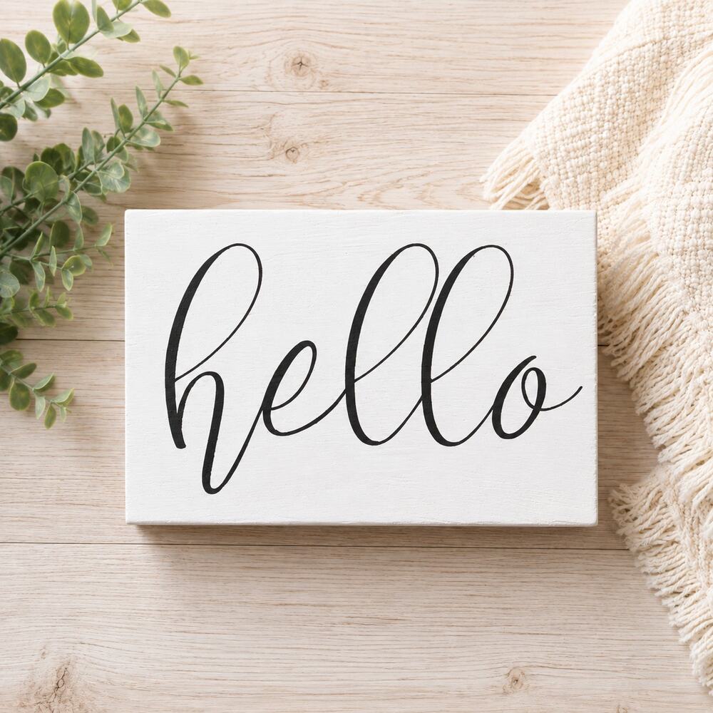 Hello Wood Block Sign – Farmhouse Home Decor – WHITE &BLACK 6" X 3.75"